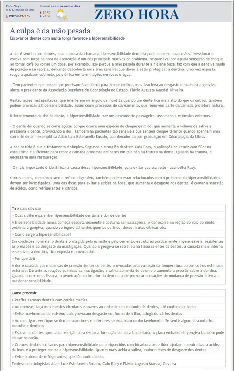 Matéria do Jornal Zero Hora com participação do Dr. Caio Racy sobre hipersensibilidade dentária e escovação.