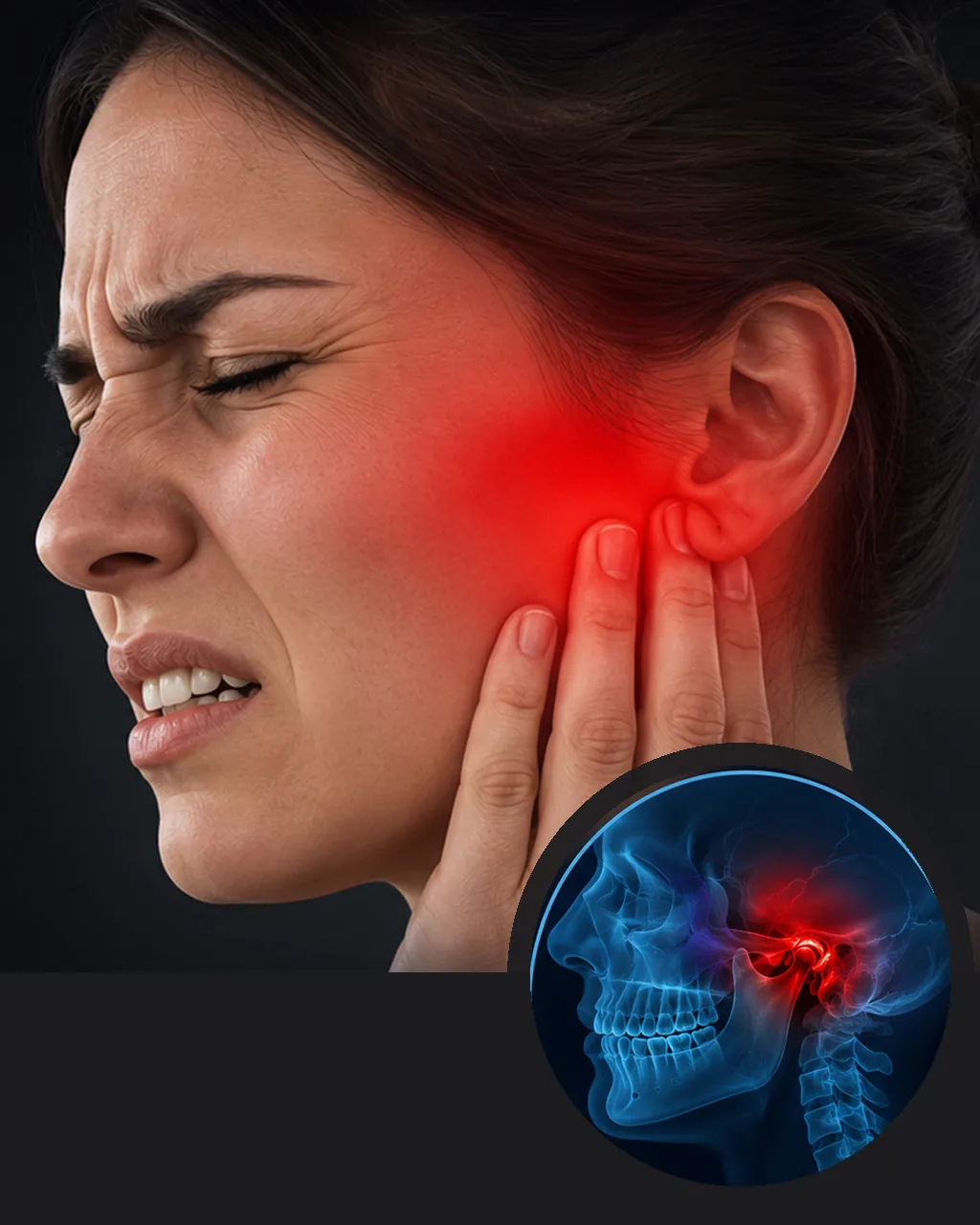 Mulher com a mão na mandíbula por dor na região da ATM, ao lado de ilustração da articulação temporomandibular com o ponto de dor em destaque